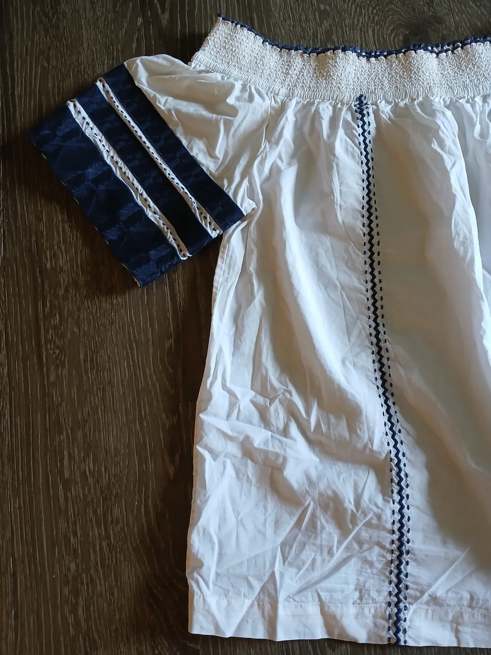 Tory Burch White Off-Shoulder Blouse with Navy Trim